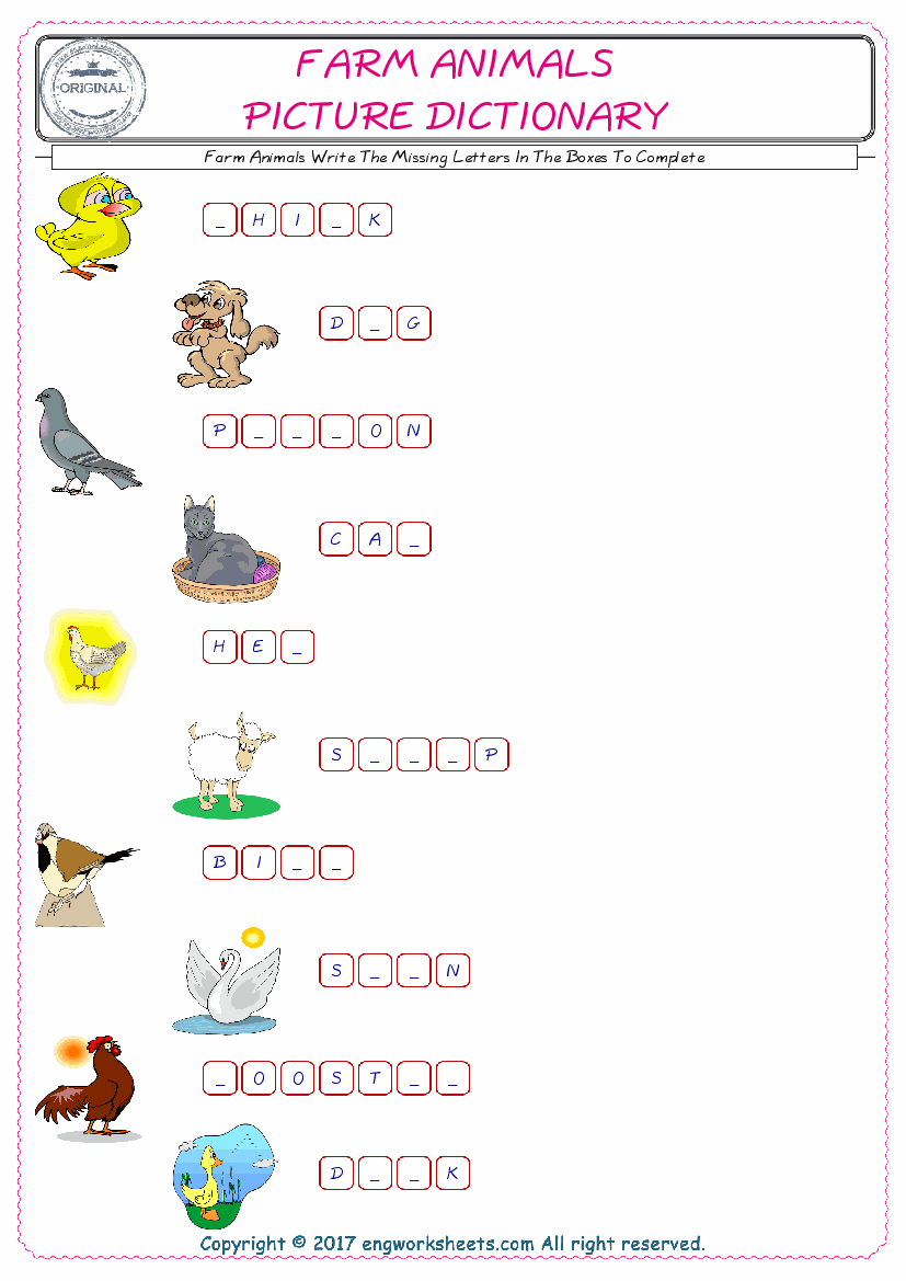 Type in the blank and learn the missing letters in the Farm Animals words given for kids English worksheet. 